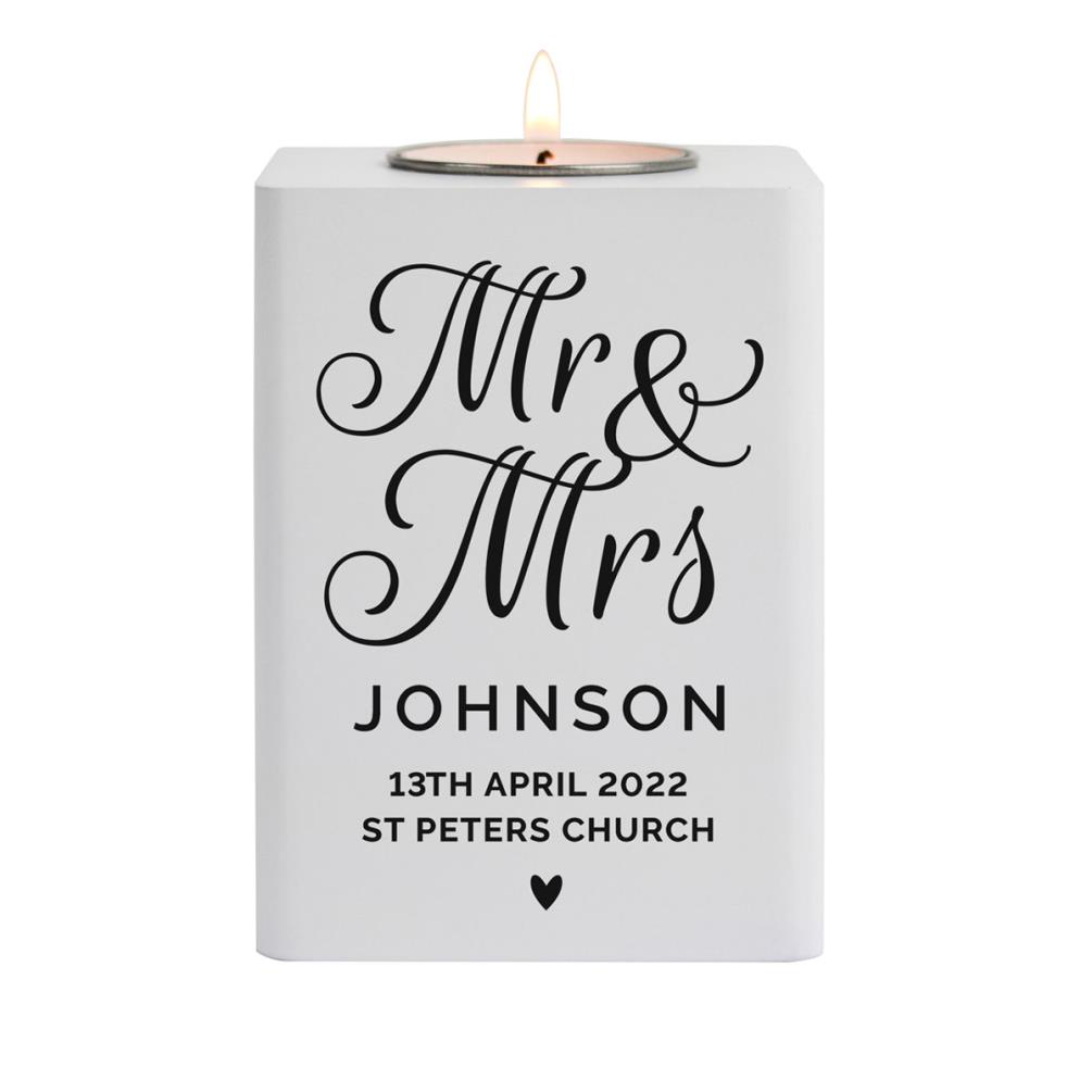 Personalised Mr & Mrs White Wooden Tea Light Holder £13.49